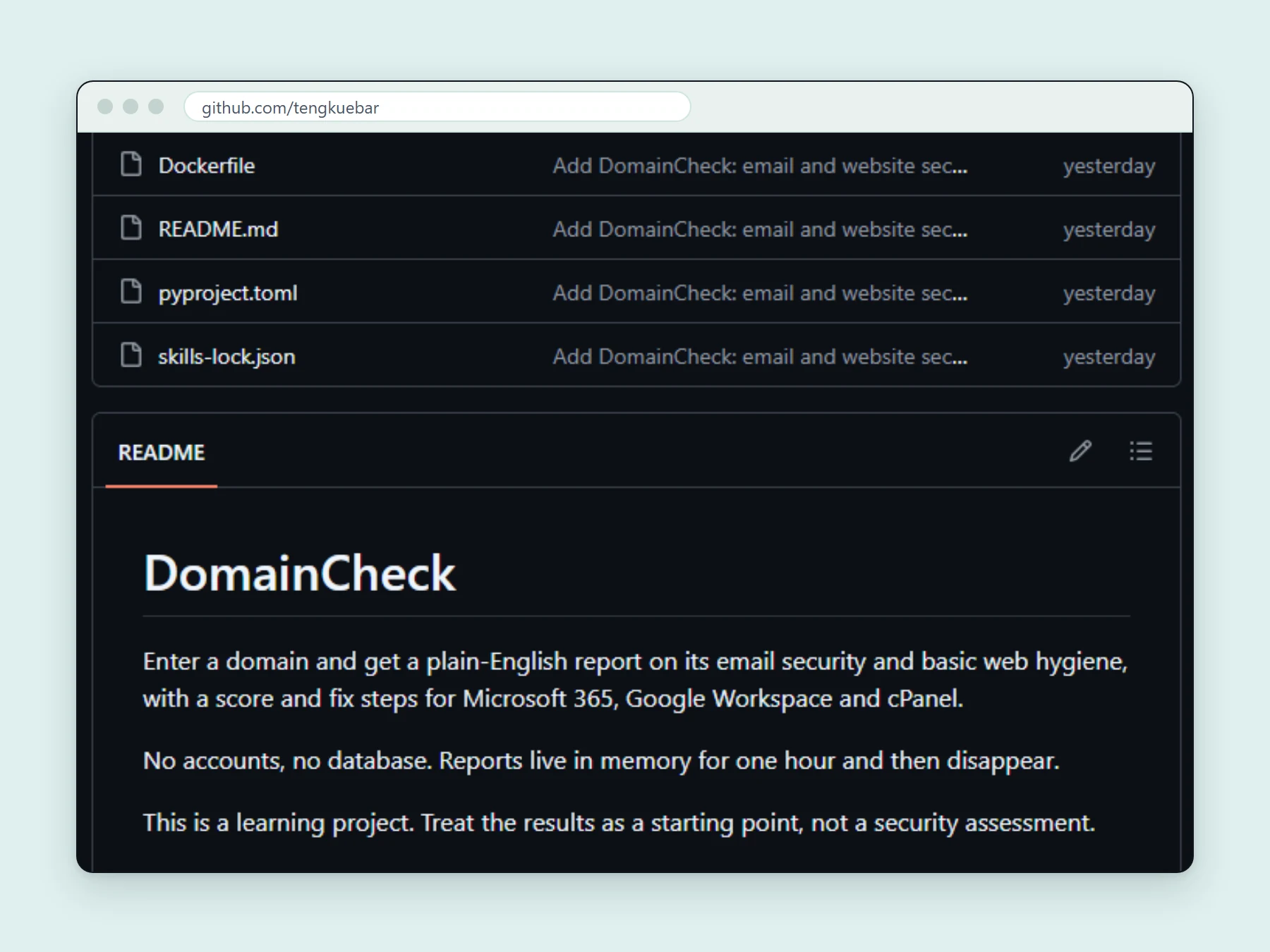 Browser window showing the DomainCheck GitHub repository: its file list and a README that describes a plain-English email security checker