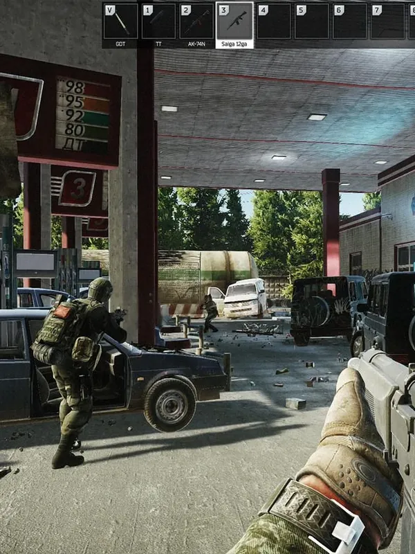 First-person view at a gas station in Escape from Tarkov