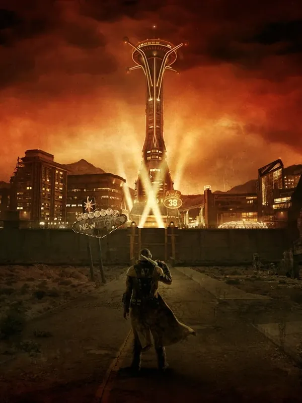 A lone figure facing the New Vegas skyline in Fallout