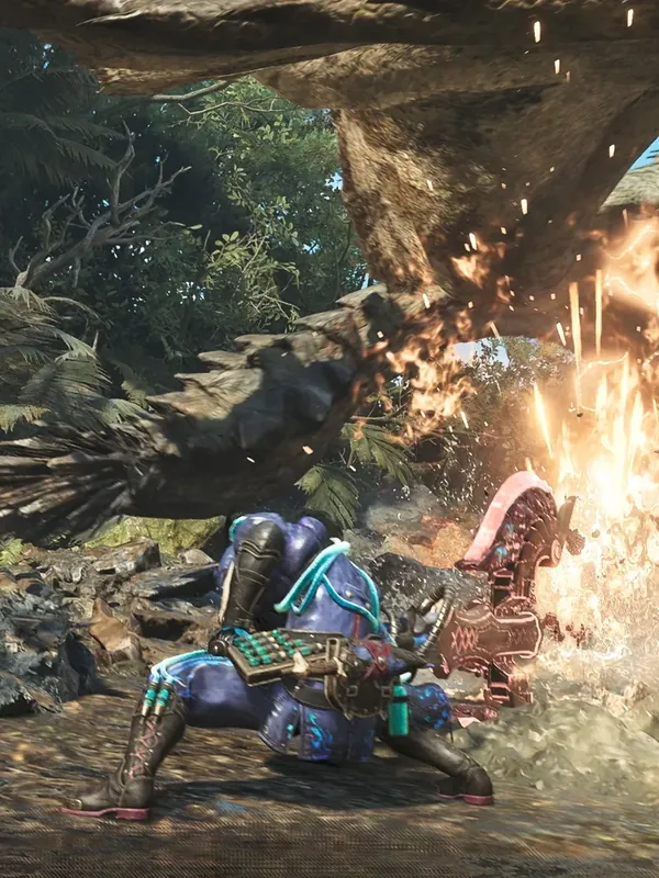 A hunter fighting a large monster in Monster Hunter Wilds