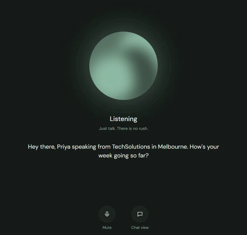 Interview Gym voice mode with a glowing orb and ripple rings while the app listens, and the recruiter's opening line shown as a caption